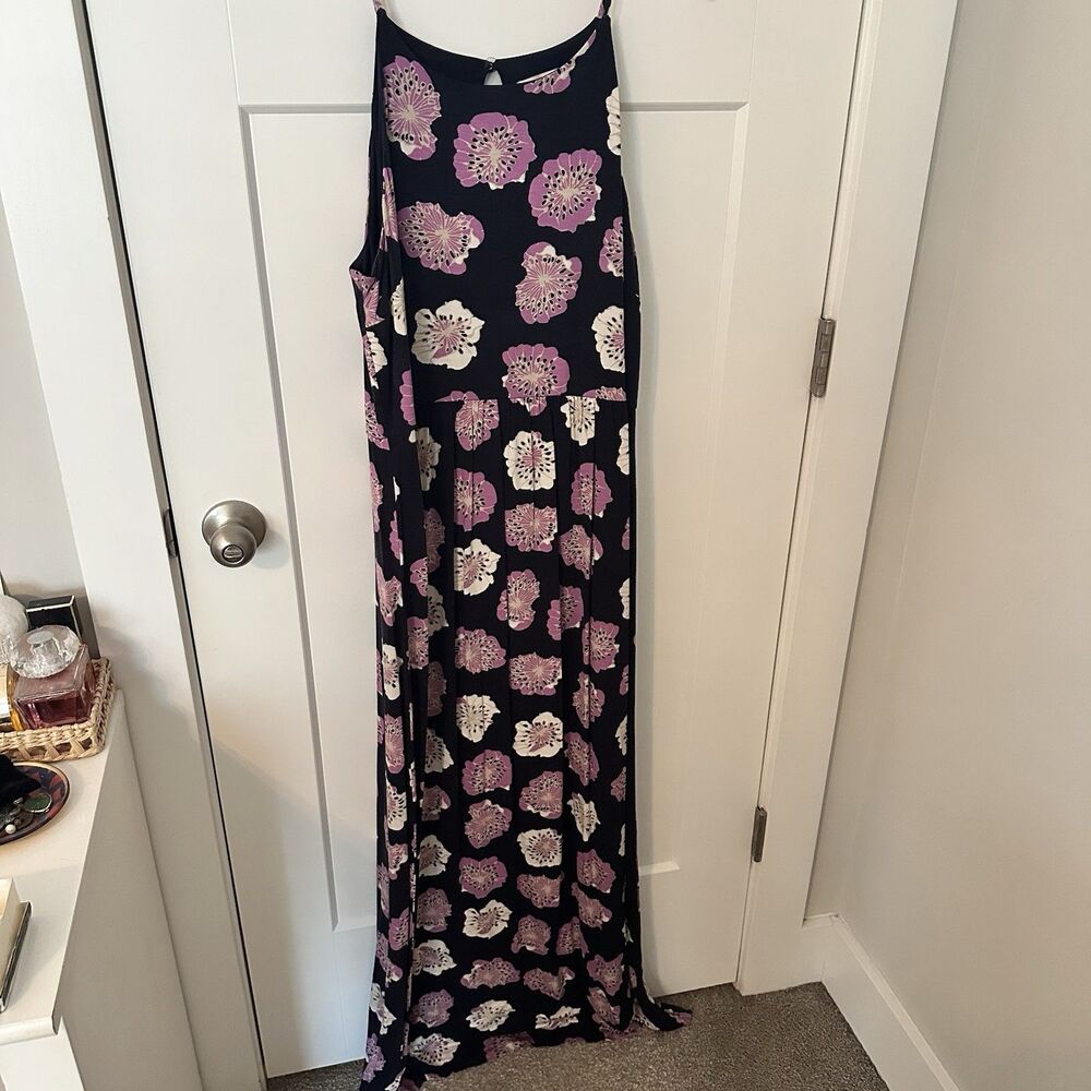 Large Navy And Purple Floral LOFT Halter Style Maxi Dress
